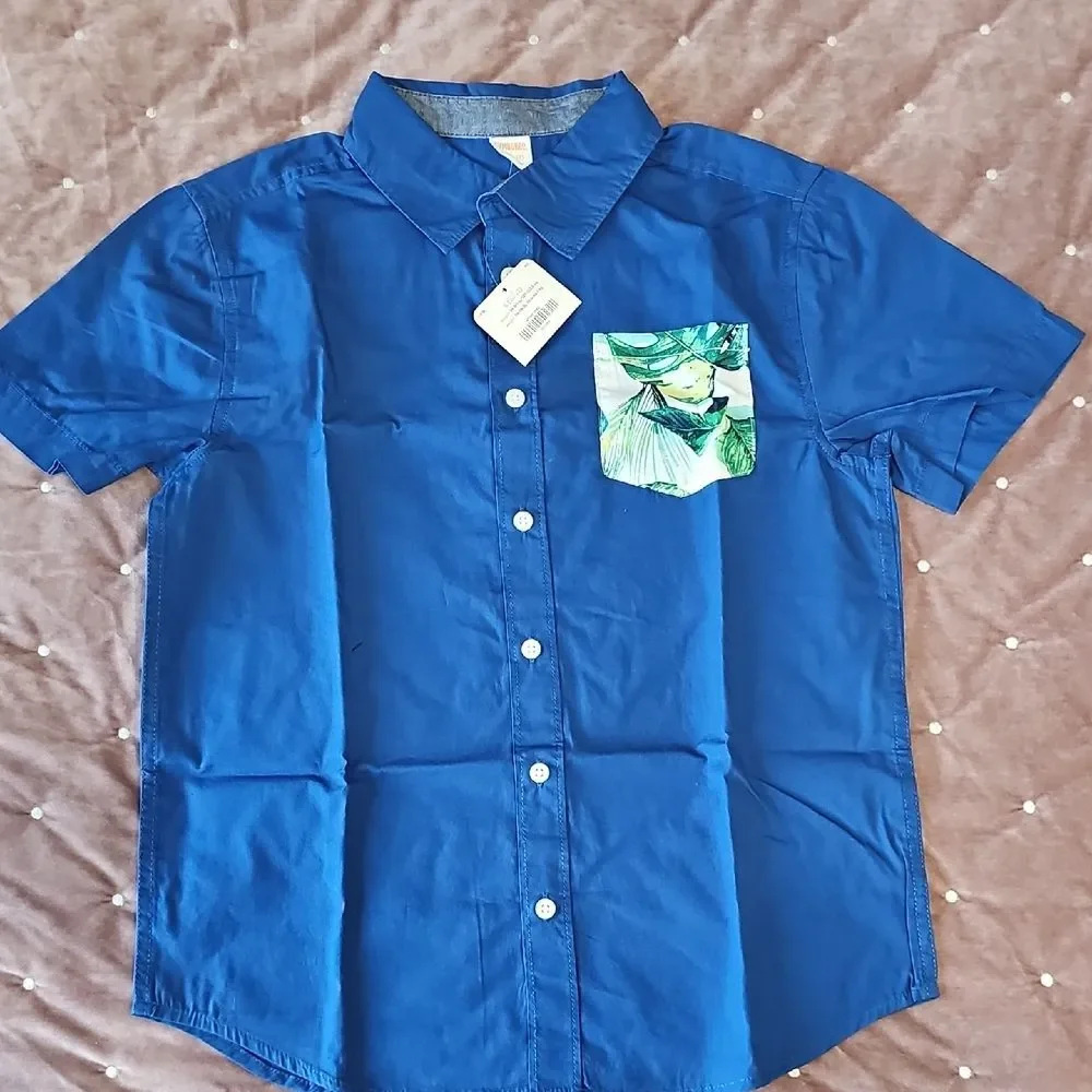 NWT Gymboree Boys Blue Short Sleeve Shirt with Tropical Pocket, Size L